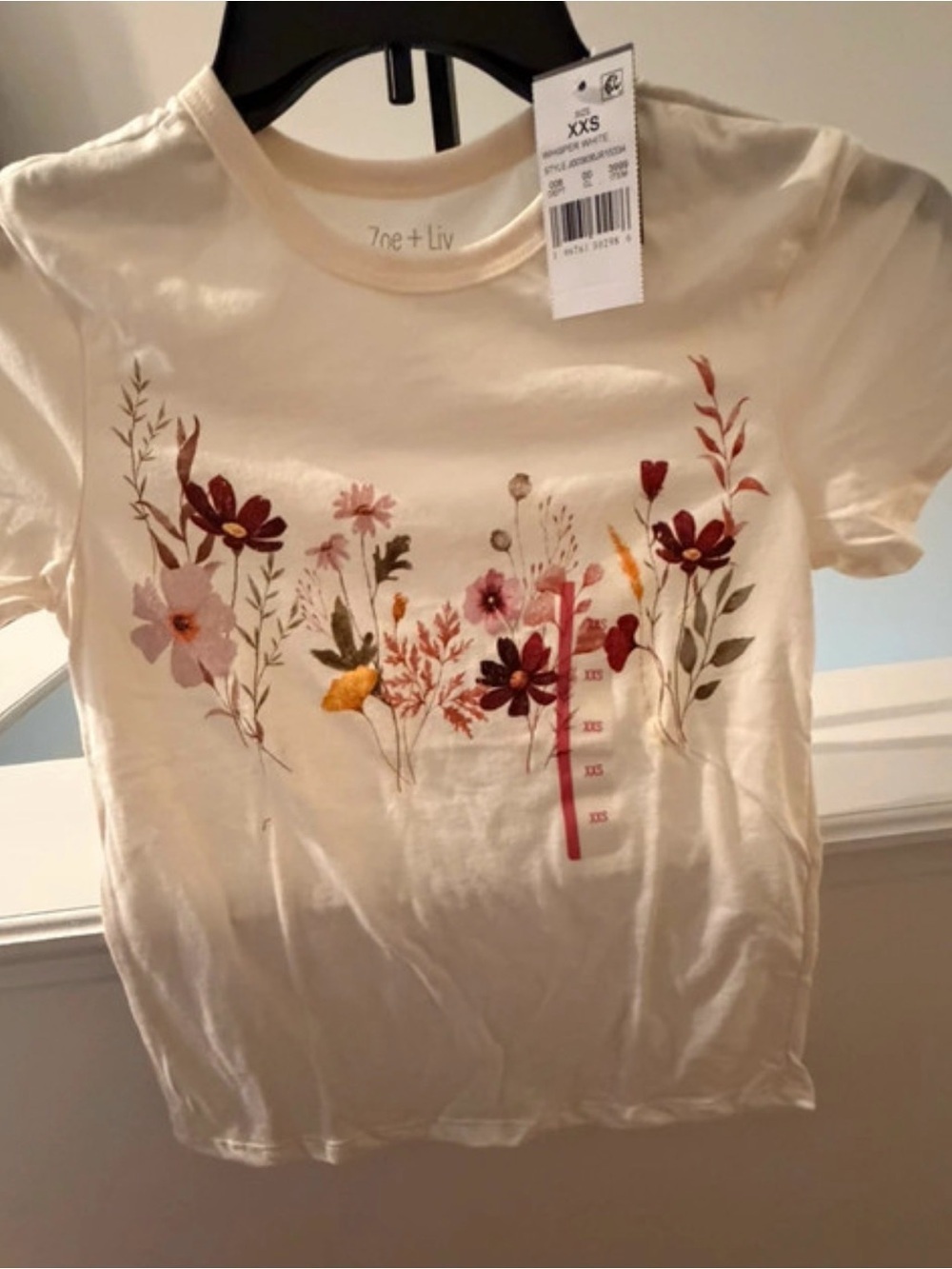 Zoe + Liv Cream Tee with Pink, Burgundy & Green Floral Print